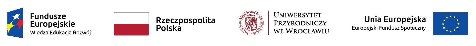 Logotypy projektowe - logotyp Funduszy Europejskich, flaga Rzeczpospolitej Polskiej, logotyp Uniwersytetu Przyrodniczego we Wrocławiu, Logotyp Uni Europejskiej