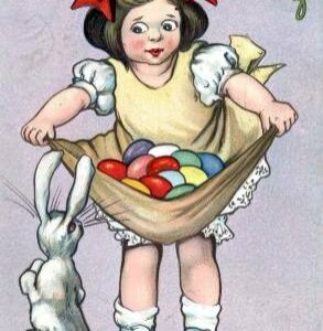 Easter card depicting a girl holding Easter eggs in the frills of her dress. Next to the girl is a white rabbit looking at her.