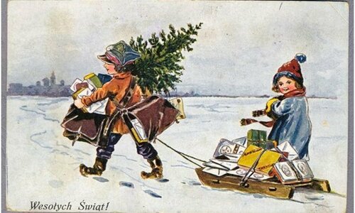 Kartka świąteczna przedstawiająca chłopca niosącego choinkę i ciągnącego sanki na których siedzi dziewczynka z prezentami.