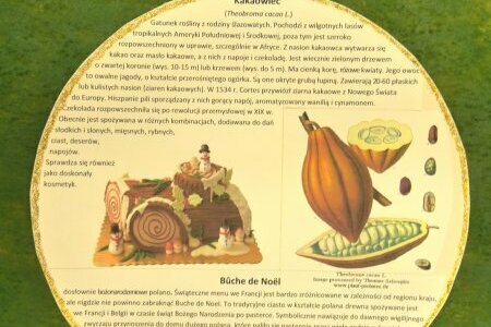 Plansza w kształcie bombki z informacjami o kakaowcu oraz Buche de Noel, obok rysunek kakaowca i ciasta.