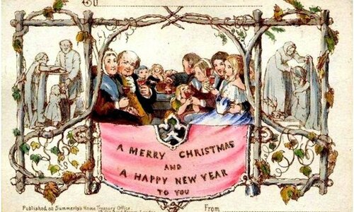 A Christmas card depicting people feasting.